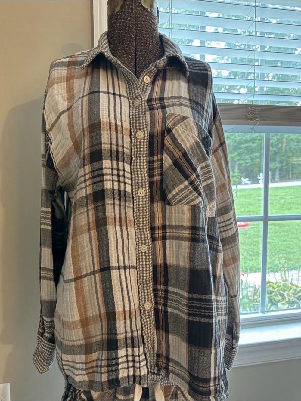 aerie Plaid Button-Front Pajama Top & Shorts set - Brown, Black & Cream